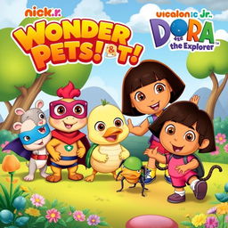 A colorful and engaging poster featuring the 'Wonder Pets!' and 'Dora the Explorer' joining forces to save a group of cheerful beetles