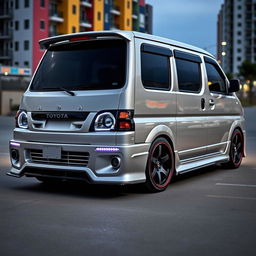 A modified 2002 Toyota Funcargo showcasing a sporty body kit with sleek lines and integrated white LED lighting along the sides