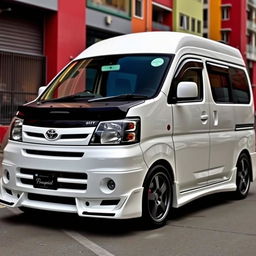 A modified 2002 Toyota Funcargo showcasing a sporty body kit with sleek lines and integrated white LED lighting along the sides