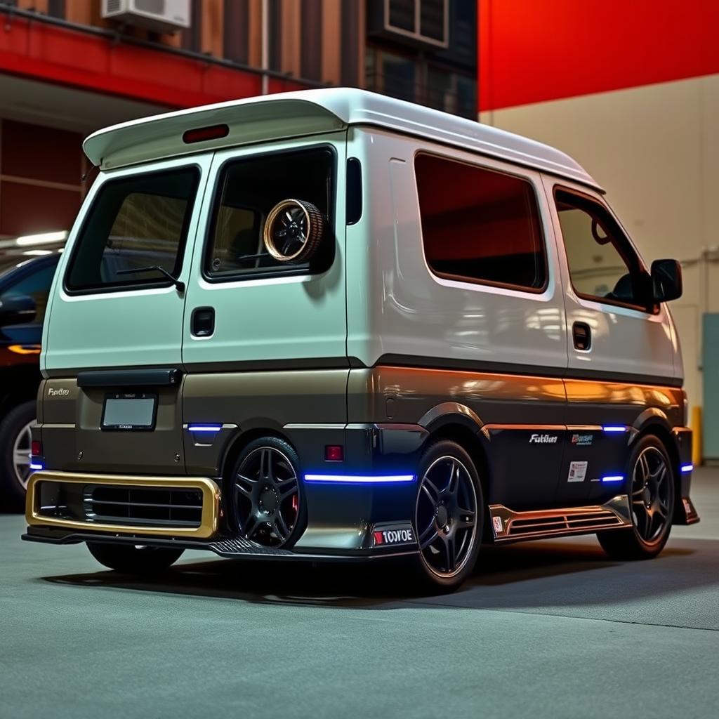 A modified 2002 Toyota Funcargo showcasing a sporty body kit with sleek lines and integrated white LED lighting along the sides