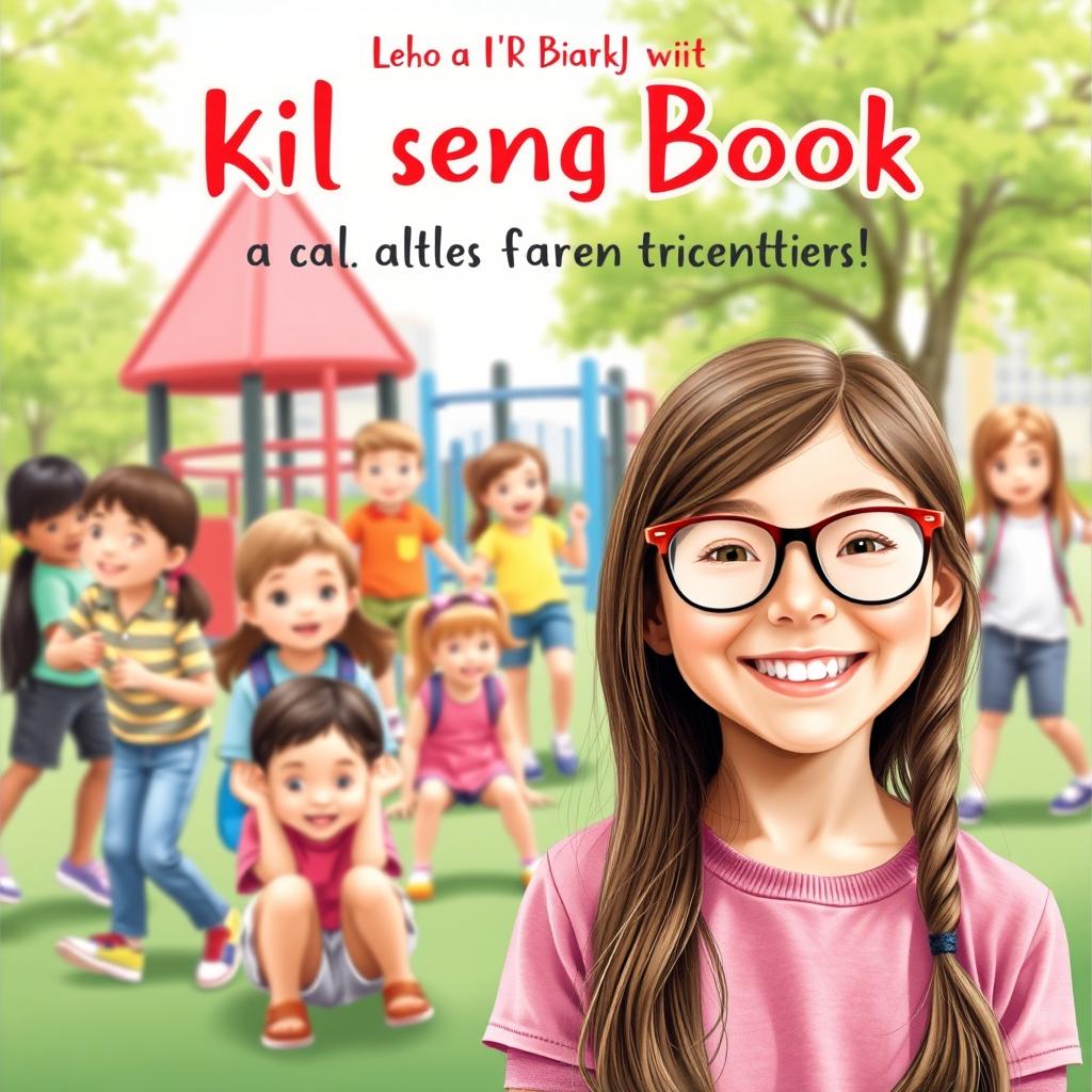 A delightful book cover featuring a cheerful 10-year-old girl with long brown hair and glasses, exuding happiness in the foreground
