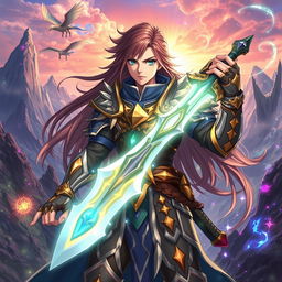 An anime fantasy warrior, equipped with an intricately designed armor that combines elements of medieval and futuristic styles, wielding a glowing sword that radiates a mystical aura