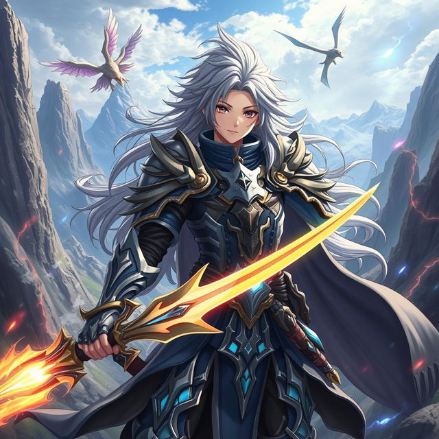 An anime fantasy warrior, equipped with an intricately designed armor that combines elements of medieval and futuristic styles, wielding a glowing sword that radiates a mystical aura