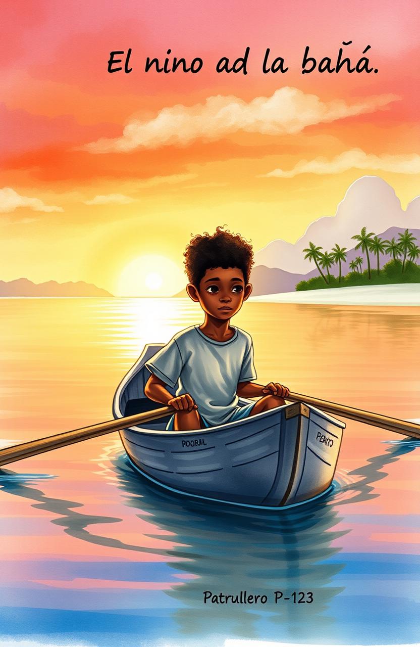 A vibrant watercolor scene depicting an 8-year-old Afro-descendant boy in a small gray wooden canoe named "Patrullero P-123"