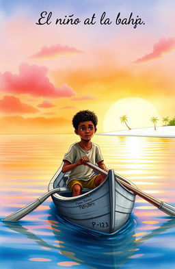 A vibrant watercolor scene depicting an 8-year-old Afro-descendant boy in a small gray wooden canoe named "Patrullero P-123"