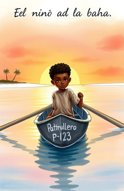 A vibrant watercolor scene depicting an 8-year-old Afro-descendant boy in a small gray wooden canoe named "Patrullero P-123"