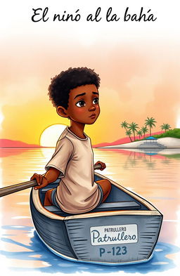 A vibrant watercolor scene depicting an 8-year-old Afro-descendant boy in a small gray wooden canoe named "Patrullero P-123"