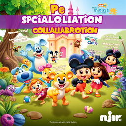 An engaging and colorful poster showcasing a special collaboration concept featuring beloved children's characters from 'Wonder Pets!', 'Blue's Clues', 'Eureeka's Castle', 'Mickey Mouse Clubhouse', and 'Dora the Explorer'