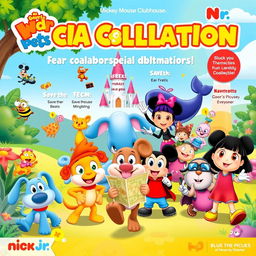 An engaging and colorful poster showcasing a special collaboration concept featuring beloved children's characters from 'Wonder Pets!', 'Blue's Clues', 'Eureeka's Castle', 'Mickey Mouse Clubhouse', and 'Dora the Explorer'