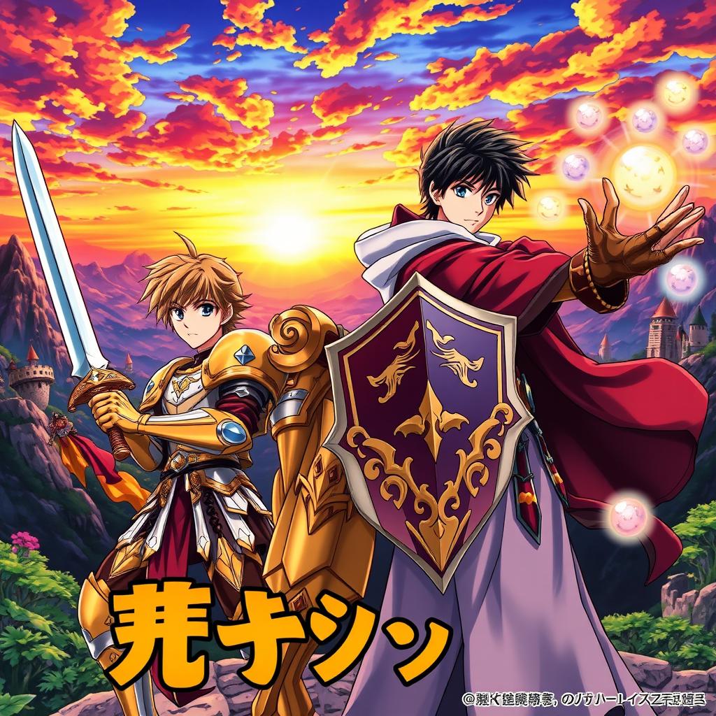 Anime cover art featuring a young male warrior in shining armor wielding a sword, a young male paladin in ornate golden armor with a shield, and a young male mage with a flowing robe casting a spell with glowing magical orbs around him