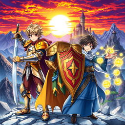 Anime cover art featuring a young male warrior in shining armor wielding a sword, a young male paladin in ornate golden armor with a shield, and a young male mage with a flowing robe casting a spell with glowing magical orbs around him