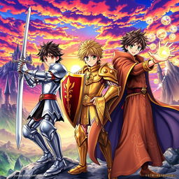 Anime cover art featuring a young male warrior in shining armor wielding a sword, a young male paladin in ornate golden armor with a shield, and a young male mage with a flowing robe casting a spell with glowing magical orbs around him