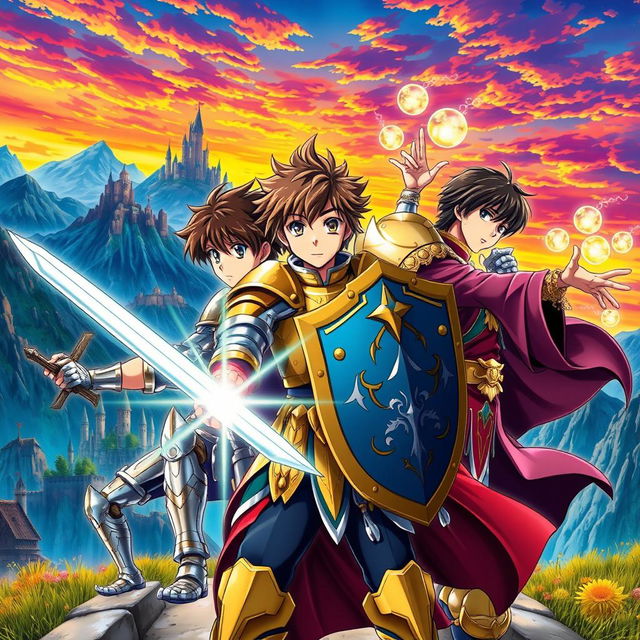 Anime cover art featuring a young male warrior in shining armor wielding a sword, a young male paladin in ornate golden armor with a shield, and a young male mage with a flowing robe casting a spell with glowing magical orbs around him