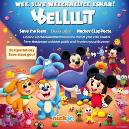 A vibrant and whimsical poster showcasing an exciting collaboration featuring characters from 'Wonder Pets!', 'Blue's Clues', 'Eureeka's Castle', 'Mickey Mouse Clubhouse', and 'Dora the Explorer'