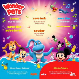 A vibrant and whimsical poster showcasing an exciting collaboration featuring characters from 'Wonder Pets!', 'Blue's Clues', 'Eureeka's Castle', 'Mickey Mouse Clubhouse', and 'Dora the Explorer'