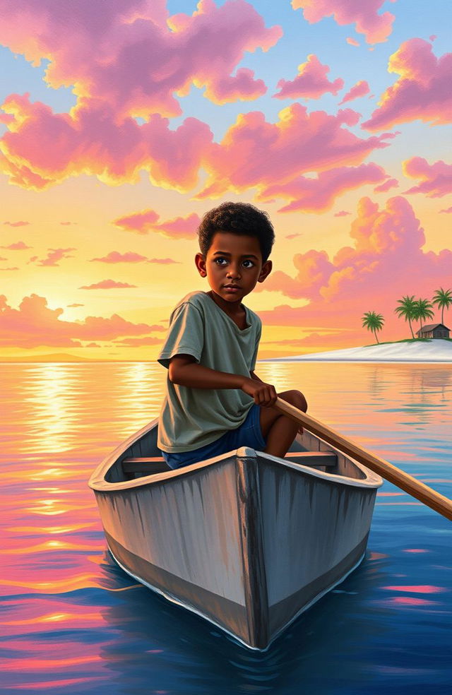 A realistic crayon painting with vibrant colors depicting an 8-year-old Afro-descendant boy in a small gray wooden canoe named 'Patrullero P-123'