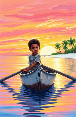 A realistic crayon painting with vibrant colors depicting an 8-year-old Afro-descendant boy in a small gray wooden canoe named 'Patrullero P-123'