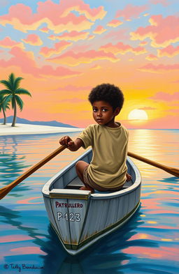 A realistic crayon painting with vibrant colors depicting an 8-year-old Afro-descendant boy in a small gray wooden canoe named 'Patrullero P-123'