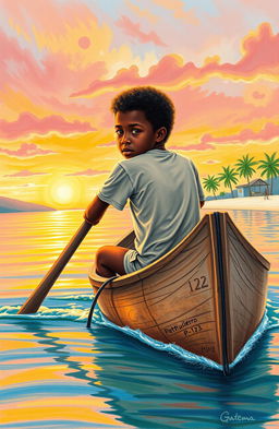 A realistic crayon painting with vibrant colors depicting an 8-year-old Afro-descendant boy in a small gray wooden canoe named 'Patrullero P-123'