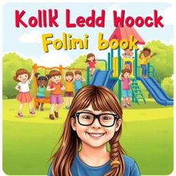 A delightful book cover featuring a cheerful 10-year-old girl with long brown hair and glasses, radiating happiness in the foreground