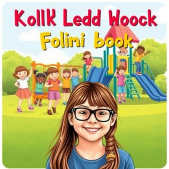 A delightful book cover featuring a cheerful 10-year-old girl with long brown hair and glasses, radiating happiness in the foreground