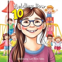 A delightful book cover featuring a cheerful 10-year-old girl with long brown hair and glasses, radiating happiness in the foreground