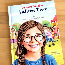 A delightful book cover featuring a cheerful 10-year-old girl with long brown hair and glasses, radiating happiness in the foreground