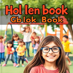 A delightful book cover featuring a cheerful 10-year-old girl with long brown hair and glasses, radiating happiness in the foreground