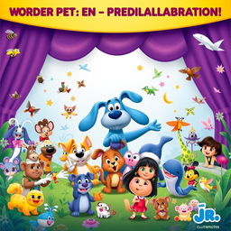 An eye-catching promo poster depicting an extraordinary collaboration featuring beloved characters from 'Wonder Pets!', 'Blue's Clues', 'Eureeka's Castle', 'Pinky Dinky Doo', 'Go Diego Go', 'Jack's Big Music Show', '64 Zoo Lane', 'Little Bill', 'Little Bear', 'Roary the Racing Car', 'Fifi and the Flowertots', 'Mickey Mouse Clubhouse', and 'Dora the Explorer'