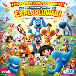 An eye-catching promo poster depicting an extraordinary collaboration featuring beloved characters from 'Wonder Pets!', 'Blue's Clues', 'Eureeka's Castle', 'Pinky Dinky Doo', 'Go Diego Go', 'Jack's Big Music Show', '64 Zoo Lane', 'Little Bill', 'Little Bear', 'Roary the Racing Car', 'Fifi and the Flowertots', 'Mickey Mouse Clubhouse', and 'Dora the Explorer'