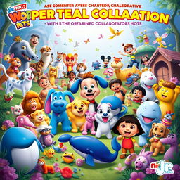 An eye-catching promo poster depicting an extraordinary collaboration featuring beloved characters from 'Wonder Pets!', 'Blue's Clues', 'Eureeka's Castle', 'Pinky Dinky Doo', 'Go Diego Go', 'Jack's Big Music Show', '64 Zoo Lane', 'Little Bill', 'Little Bear', 'Roary the Racing Car', 'Fifi and the Flowertots', 'Mickey Mouse Clubhouse', and 'Dora the Explorer'