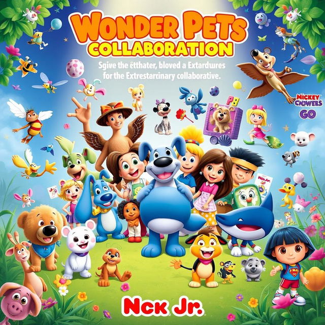 An eye-catching promo poster depicting an extraordinary collaboration featuring beloved characters from 'Wonder Pets!', 'Blue's Clues', 'Eureeka's Castle', 'Pinky Dinky Doo', 'Go Diego Go', 'Jack's Big Music Show', '64 Zoo Lane', 'Little Bill', 'Little Bear', 'Roary the Racing Car', 'Fifi and the Flowertots', 'Mickey Mouse Clubhouse', and 'Dora the Explorer'