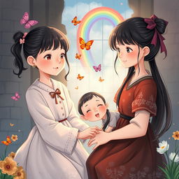 An enchanting illustration of twin sisters, with the youngest displaying a delicate expression due to her genetic condition