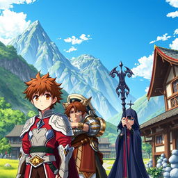 Anime cover featuring a young warrior with brown hair, a red-haired paladin, and a black-haired mage, all standing together in a picturesque mountain village