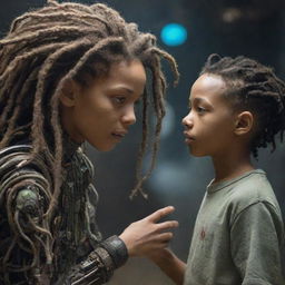 A hybrid organic and mechanical boy with dreadlocks, interacting with an extraterrestrial entity in a scene that merges reality with fantasy.