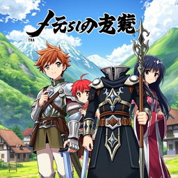 Anime cover featuring a young warrior with brown hair, a red-haired paladin, and a black-haired mage, all standing together in a picturesque mountain village