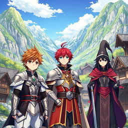 Anime cover featuring a young warrior with brown hair, a red-haired paladin, and a black-haired mage, all standing together in a picturesque mountain village