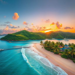 A stunning landscape featuring the picturesque island of Montok, adorned with lush green hills, crystal clear turquoise waters, and pristine sandy beaches