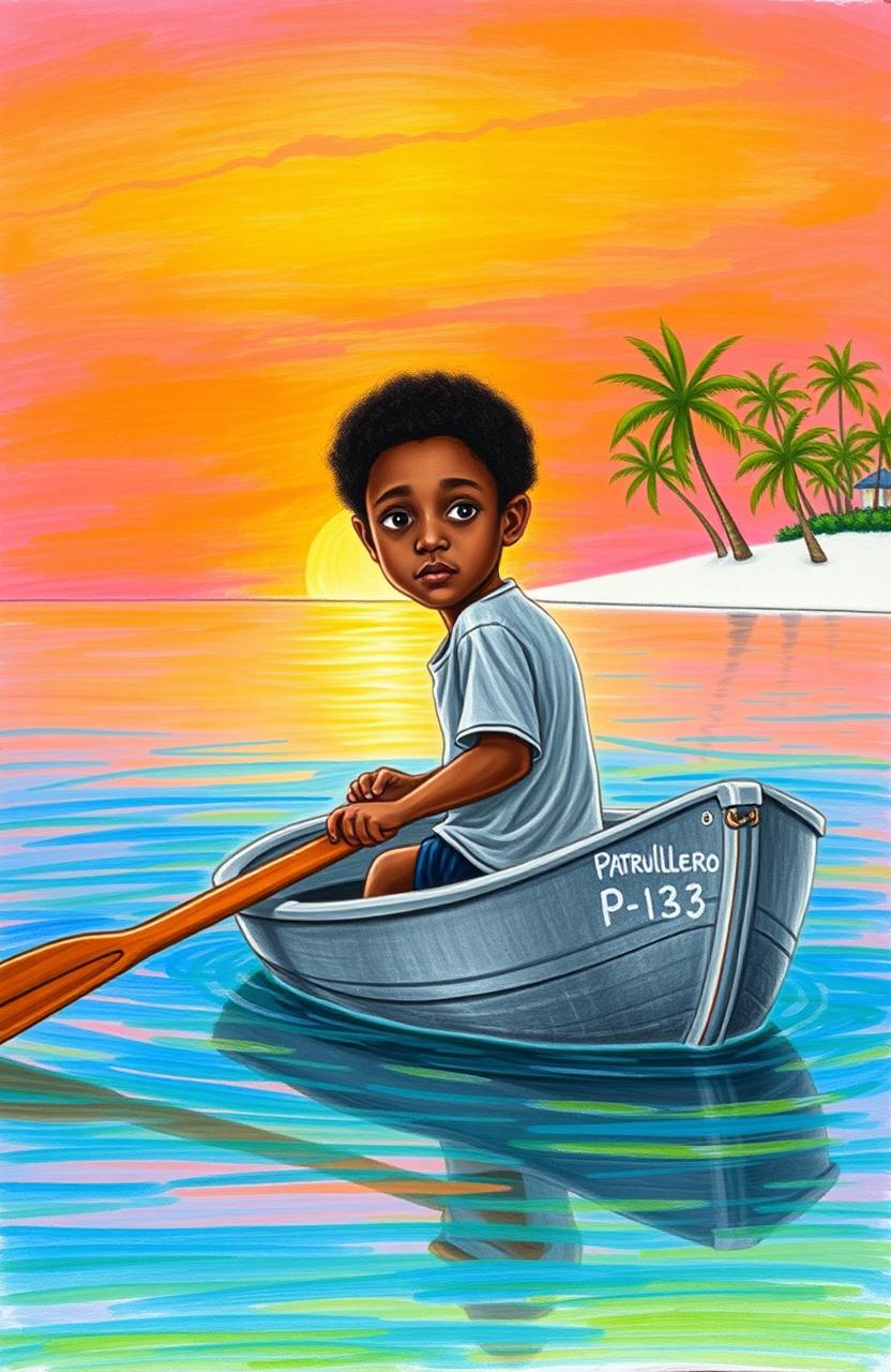 A realistic crayon painting with vibrant colors depicting an 8-year-old Afrodescendant boy in a small grey wooden canoe named 'Patrullero P-123', rowing through a calm bay at sunrise in Puerto Barrios, Izabal, Guatemala