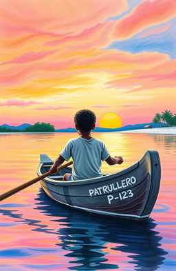 A realistic crayon painting with vibrant colors depicting an 8-year-old Afrodescendant boy in a small grey wooden canoe named 'Patrullero P-123', rowing through a calm bay at sunrise in Puerto Barrios, Izabal, Guatemala