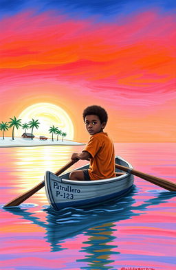 A realistic crayon painting with vibrant colors depicting an 8-year-old Afrodescendant boy in a small grey wooden canoe named 'Patrullero P-123', rowing through a calm bay at sunrise in Puerto Barrios, Izabal, Guatemala