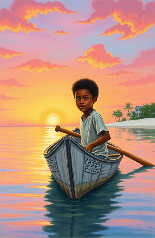 A realistic crayon painting with vibrant colors depicting an 8-year-old Afrodescendant boy in a small grey wooden canoe named 'Patrullero P-123', rowing through a calm bay at sunrise in Puerto Barrios, Izabal, Guatemala