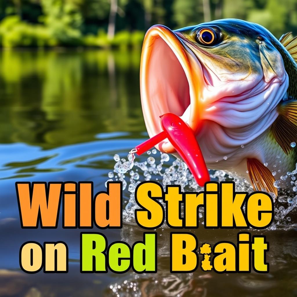 A high-resolution thumbnail depicting a close-up of a large bass fiercely attacking a bright red lure as it splashes in the water