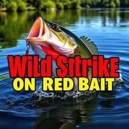 A high-resolution thumbnail depicting a close-up of a large bass fiercely attacking a bright red lure as it splashes in the water