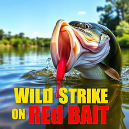 A high-resolution thumbnail depicting a close-up of a large bass fiercely attacking a bright red lure as it splashes in the water