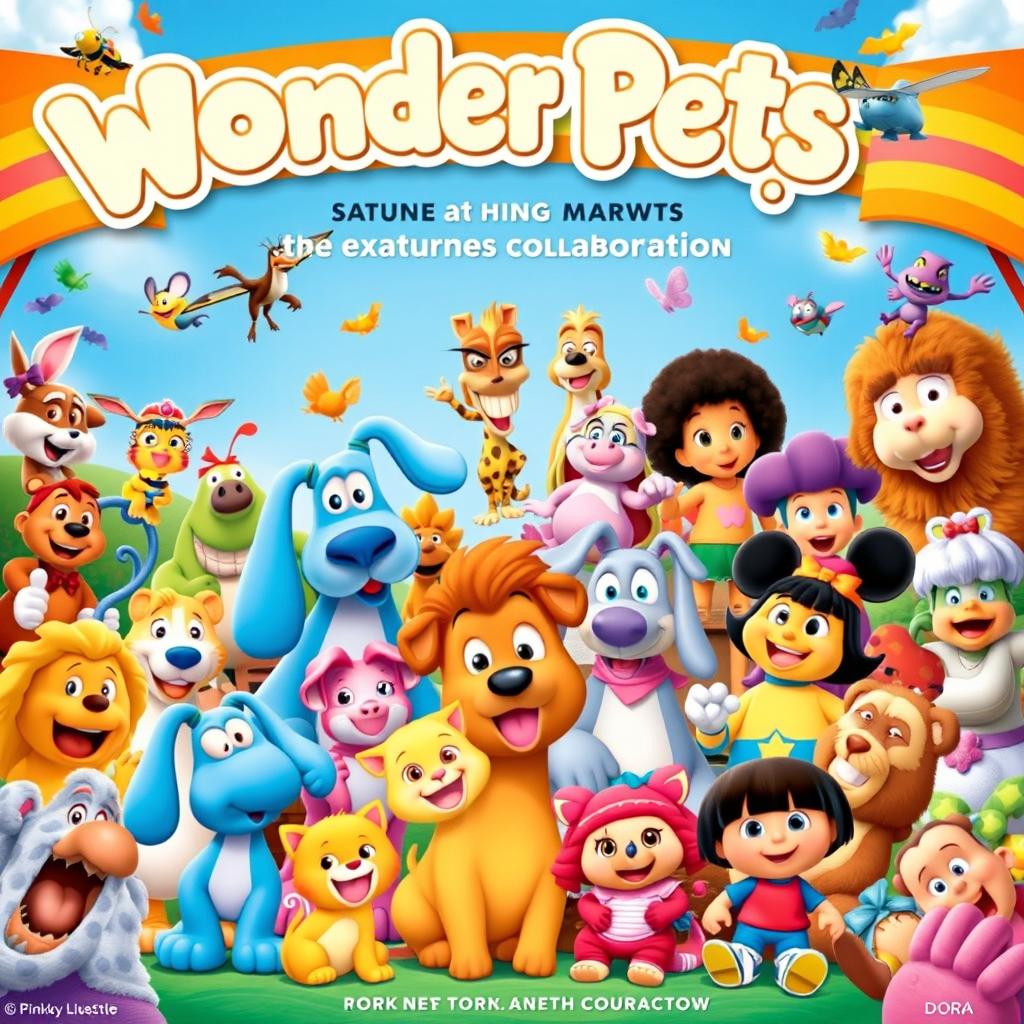 A captivating and vibrant promo poster showcasing an extraordinary collaboration featuring a wide array of beloved characters from 'Wonder Pets!', 'Blue's Clues', 'Eureeka's Castle', 'Pinky Dinky Doo', 'Go Diego Go', 'Jack's Big Music Show', '64 Zoo Lane', 'Little Bill', 'Little Bear', 'Roary the Racing Car', 'The Puppet Show', 'High School Musical', 'Oobi', 'Lazy Town', 'Fifi and the Flowertots', 'Mickey Mouse Clubhouse', and 'Dora the Explorer'