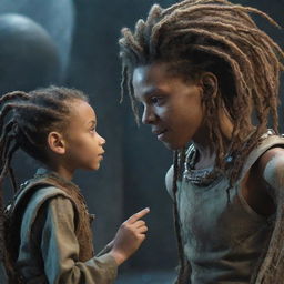 A hybrid organic and mechanical boy with dreadlocks, interacting with an extraterrestrial entity in a scene that merges reality with fantasy.