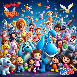 A captivating and vibrant promo poster showcasing an extraordinary collaboration featuring a wide array of beloved characters from 'Wonder Pets!', 'Blue's Clues', 'Eureeka's Castle', 'Pinky Dinky Doo', 'Go Diego Go', 'Jack's Big Music Show', '64 Zoo Lane', 'Little Bill', 'Little Bear', 'Roary the Racing Car', 'The Puppet Show', 'High School Musical', 'Oobi', 'Lazy Town', 'Fifi and the Flowertots', 'Mickey Mouse Clubhouse', and 'Dora the Explorer'