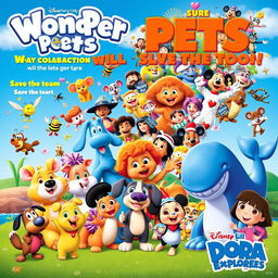 A captivating and vibrant promo poster showcasing an extraordinary collaboration featuring a wide array of beloved characters from 'Wonder Pets!', 'Blue's Clues', 'Eureeka's Castle', 'Pinky Dinky Doo', 'Go Diego Go', 'Jack's Big Music Show', '64 Zoo Lane', 'Little Bill', 'Little Bear', 'Roary the Racing Car', 'The Puppet Show', 'High School Musical', 'Oobi', 'Lazy Town', 'Fifi and the Flowertots', 'Mickey Mouse Clubhouse', and 'Dora the Explorer'