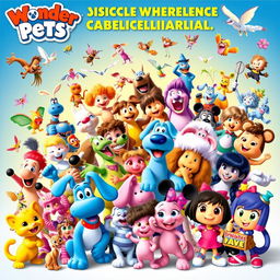 A captivating and vibrant promo poster showcasing an extraordinary collaboration featuring a wide array of beloved characters from 'Wonder Pets!', 'Blue's Clues', 'Eureeka's Castle', 'Pinky Dinky Doo', 'Go Diego Go', 'Jack's Big Music Show', '64 Zoo Lane', 'Little Bill', 'Little Bear', 'Roary the Racing Car', 'The Puppet Show', 'High School Musical', 'Oobi', 'Lazy Town', 'Fifi and the Flowertots', 'Mickey Mouse Clubhouse', and 'Dora the Explorer'